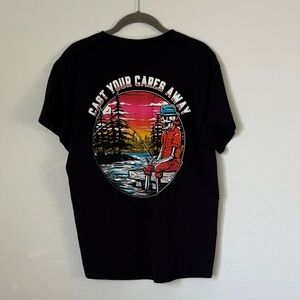 Retrofit Black graphic Short Sleeve Tee skeleton fishing “Cast your Cares Away”